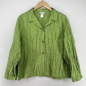 MARIKO Shirt L Silk Satin Pleat Quilted Button Front Long Sleeve Green USA VTG